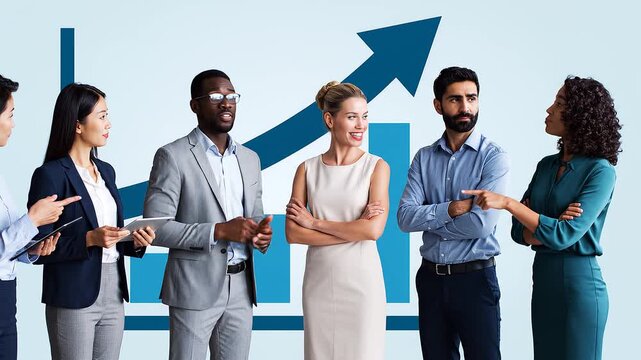 Modern business team standing together in front of a large upward arrow growth chart, minimal pastel background, clean corporate illustration style, diverse professionals discussing and collaborating,