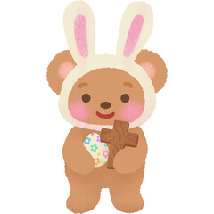 Fototapeta premium Adorable bear in bunny ears holding a wooden cross and easter egg, religious christian holiday illustration