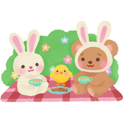 Obraz premium Cute bear and rabbit having a tea party picnic with a chick on a red checkered blanket in the garden