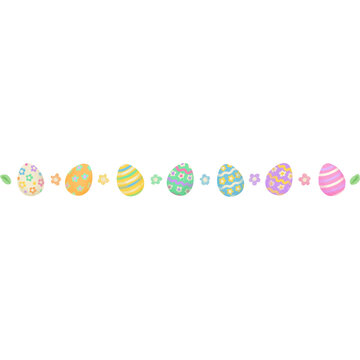 Easter egg border design with colorful decorated eggs and small flowers, horizontal decorative element