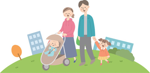 ベビーカーを押すお母さんと家族背景あり