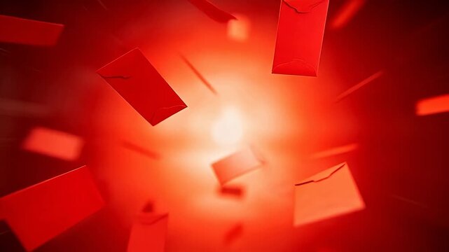 Red envelopes flying scattered in red gradient background