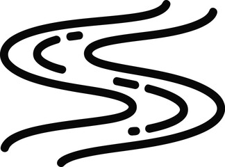 Stylized, thick black outline icon depicts a winding river or stream element with dashed flow markers against a white.