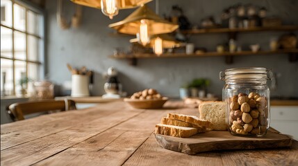 Obraz premium Rustic Kitchen Countertop with Jar of Hazelnuts and Sliced Bread.