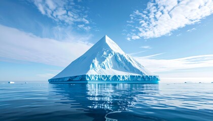 Pyramid iceberg floats serenely in cool, clear water beneath a partly cloudy sky