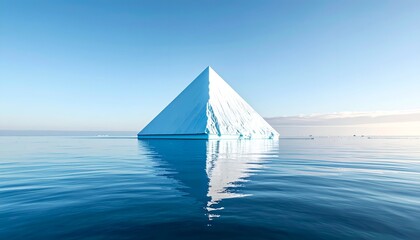 Pyramid-shaped iceberg reflects in clear blue ocean under a bright sky