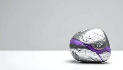 Polished, gray rock with a vivid purple band against a white backdrop