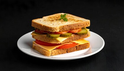 Toasted sandwich with ham, cheese, tomato, and pickles on a white plate