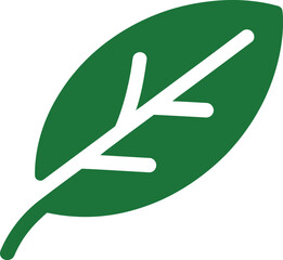 Simple solid green leaf icon with prominent white veins represents nature and organic plant life perfectly.