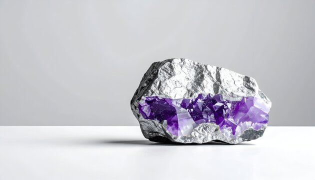 Silver ore rock with crystalline purple amethyst center on white surface