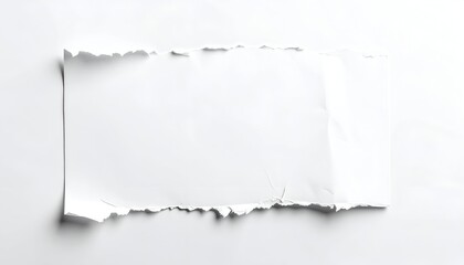 Torn white paper sheet with ragged edges, on a white surface, in top-down view