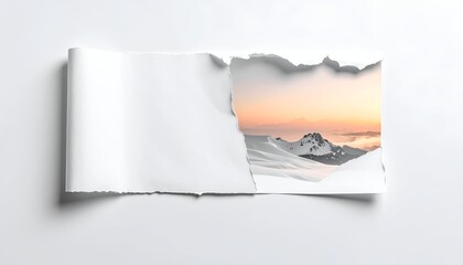 Ripped paper reveals a snowy mountain landscape at sunset