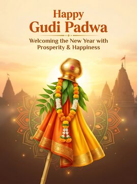 Vibrant Gudi Padwa celebration with traditional decorations and temple backdrop