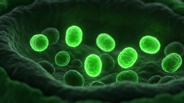 Abstract visualization showcases deep green, rounded microbial cells floating and moving slowly within a dark, mysterious biological cavity, perfect for medical background use.