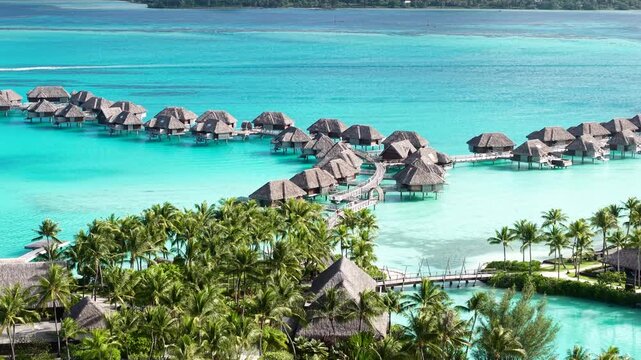 Drone Shot of Luxury Tropical Resort on Bora Bora Island, French Polynesia, Bungalows and Turquoise Lagoon