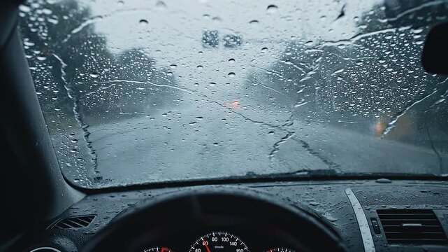 Deep sleep ASMR rain soundscape, heavy rainfall splashing on wet road surface, heard from inside a stationary car. Thick muffled rain texture through glass and metal, low rumble frequencies enhanced, 