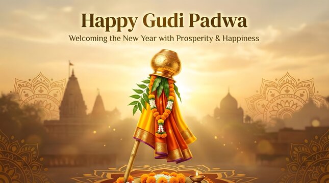 Vibrant Gudi Padwa celebration with traditional decorations and temple background