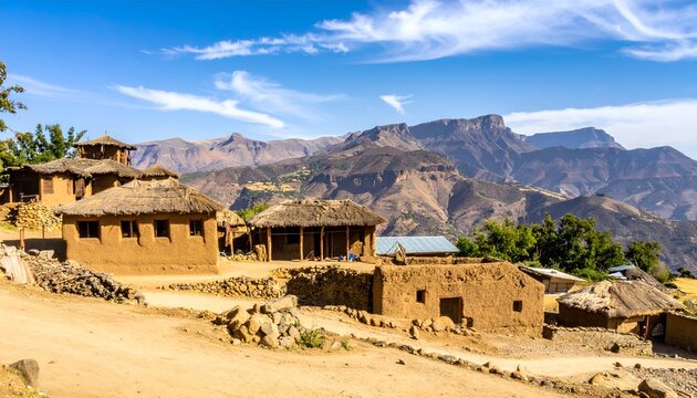 African village houses with thatched roofs in mountainous landscape under blue sky