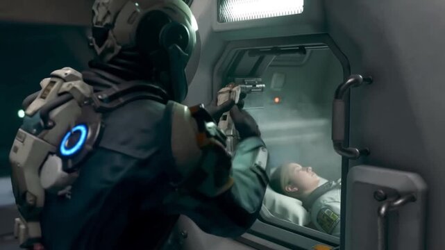 Technician in a spacesuit performing an emergency manual override to pry open a malfunctioning stasis pod hatch with flying sparks on a dark industrial background concept of repair and rescue operatio