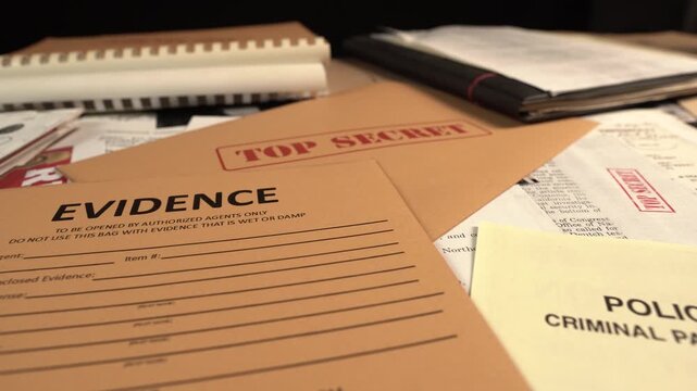 Federal Agent Desk Full of Files and Hand Puts Top Secret Stamp on Paper Documents