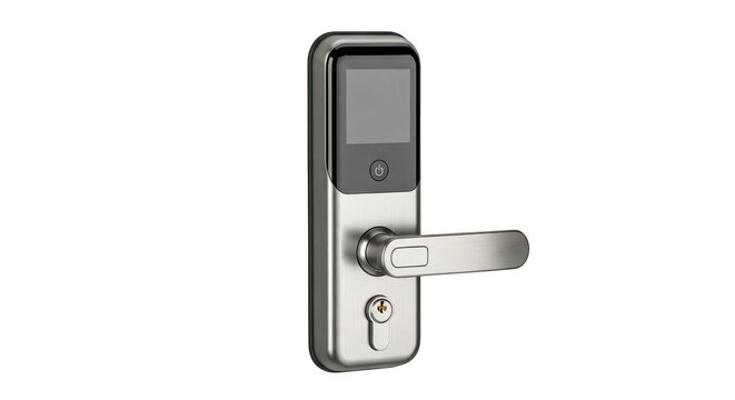 Modern electronic door lock with fingerprint reader and handle isolated on transparent background
