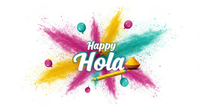 Happy Hola Color Celebration: A vibrant and joyful Holi celebration bursts forth, showcasing colorful powder, balloons, and traditional elements. Capturing the spirit of happiness and festivity.