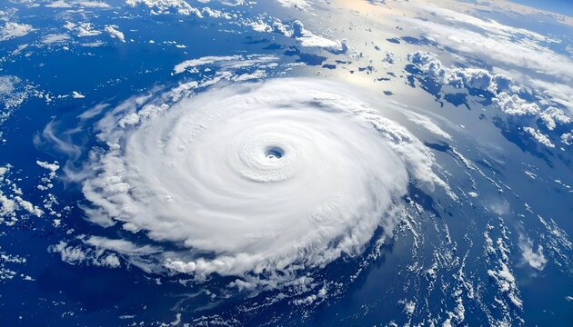 Giant swirling hurricane dominates the ocean with clear eye from space view
