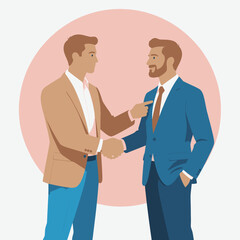 Obraz premium Two businessmen in suits shaking hands, one pointing, signifying a successful deal, partnership, and business agreement.