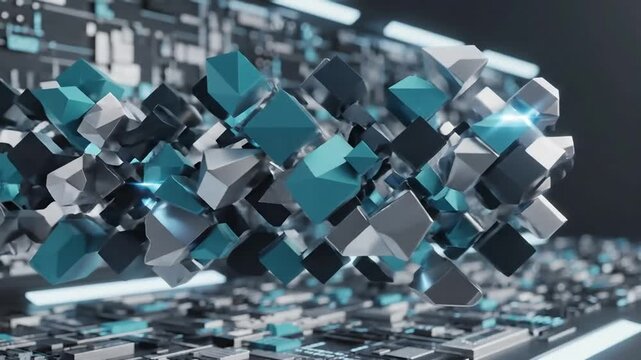 Abstract digital data stream of turquoise and silver geometric cubes floating over a circuit board background representing technology innovation and future concepts