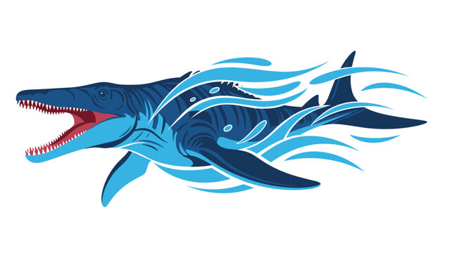 Massive Mosasaurus prehistoric marine reptile swimming through blue water waves with its mouth open, showcasing its powerful form and teeth art.