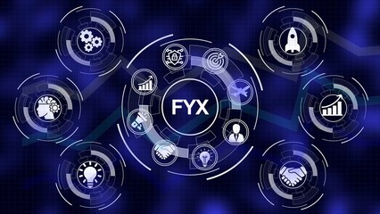Obraz premium Digital Network Hub with FYX Symbol and Business Icons Representing Strategy and Growth technology