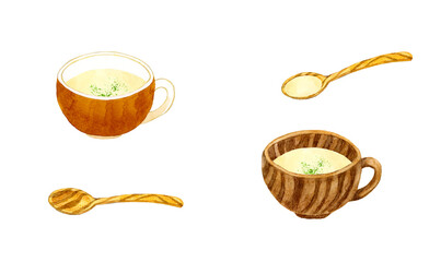 じゃがいものポタージュ（ポテトスープ）とスプーンのセット　料理・食べ物の手描き水彩イラスト素材