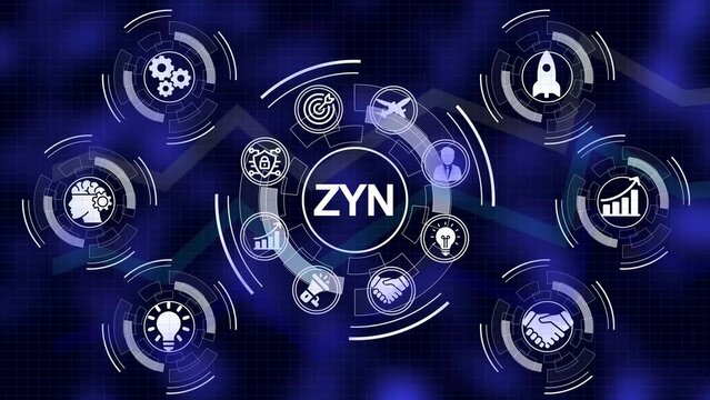 Digital Network Hub ZYN with Business Icons and Futuristic HUD Elements on Dark Blue Background