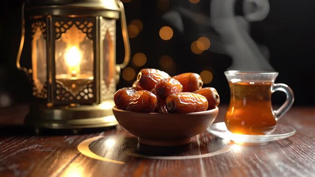 Sacred Ramadan Iftar: A Warm Scene with Dates, Steaming Tea, and a Glowing Fanoos Lantern