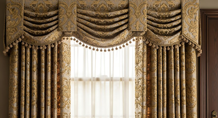 Naklejka premium Elegant curtains with intricate designs frame a window with sheer drapes in a luxurious interior setting viewed from outside