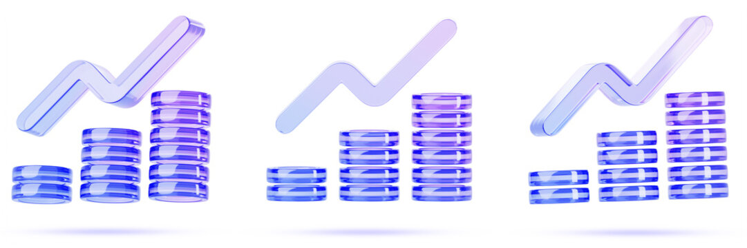 Hologram glass coin stacks with arrow - growing money graph 3d render icon set. Financial data, crypto currency chart, bank interest rate growth, business report, investment, income. 3D illustration