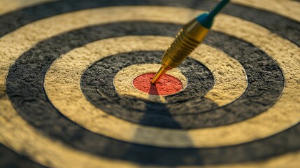 Bullseye dartboard with arrow hitting center representing business goals, financial planning, target achievement, and strategic success concept