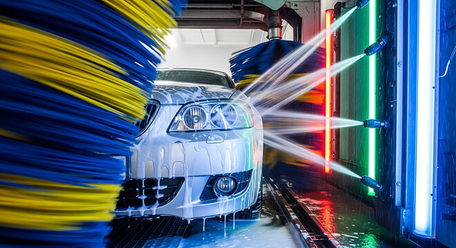Dynamic Perspective from Inside Automatic Car Wash Tunnel, Silver Car Bumper Being Washed by Foamy Brushes and Water Jets for Cleaning