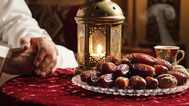 Sacred Ramadan Iftar Tradition: A Man Patiently Waits by a Glowing Lantern and a Plate of Dates