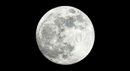 Fototapeta premium A breathtaking telescopic close up of the bright white full moon dominating the deep black expanse of the night sky, highlighting surface texture, midnight, deep space, crater