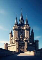 Fototapeta premium A massive, ancient stone castle with tall towers and heavy iron gates standing against a clear blue sky, symbolizing timeless monarchy, landmark, domain, majestic