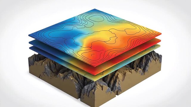 Layered topographic map visualization with contour lines showing elevation changes over a realistic terrain model