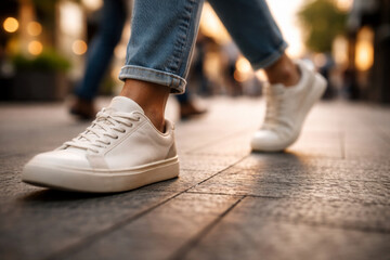 Close-up of a person's feet in white sneakers walking on an urban sidewalk. © muhagraph