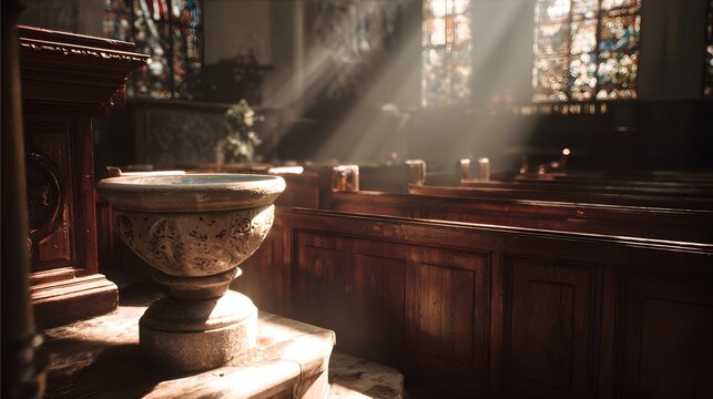 Sunbeams illuminate ancient baptismal font in historic church interior.