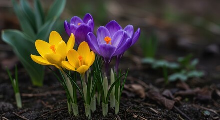 Obraz premium Vibrant purple and sunny yellow crocus blooms pushing up through the damp earth in early springtime. A macro view of delicate petals, sunlight, seasonal, stamen