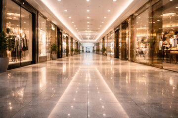 Empty, brightly lit modern shopping mall corridor with reflective marble floors and numerous luxury storefronts. © muhagraph