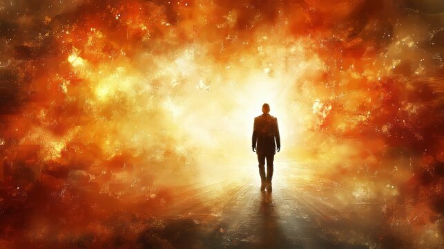 Man walking towards bright glowing light afterlife