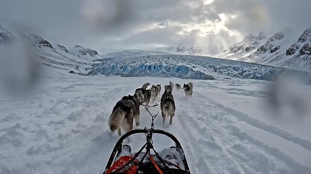 First-person POV dog sled descent in Greenland during light Arctic snowfall. Dogs pull through icy terrain as wind-blown snow streaks across the lens. Reduced visibility, moody overcast sky, dramatic 