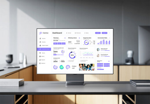 Minimalist Office Workspace Mockup Featuring Corporate SaaS Dashboard on Monitor