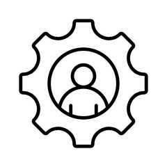 Person inside a mechanical gear, linear icon. Technical support, administration, workforce, and setting management. Editable stroke